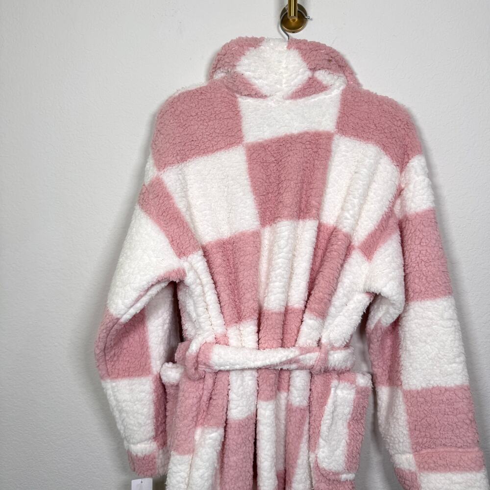 Sancturary Womens Shawl Collar Sherpa Robe Size L/XL Plush Checker Winter Pink - Picture 10 of 14